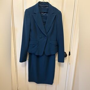 Womens Teal Blue Two-Piece Suit. Jacket and fitted dress.